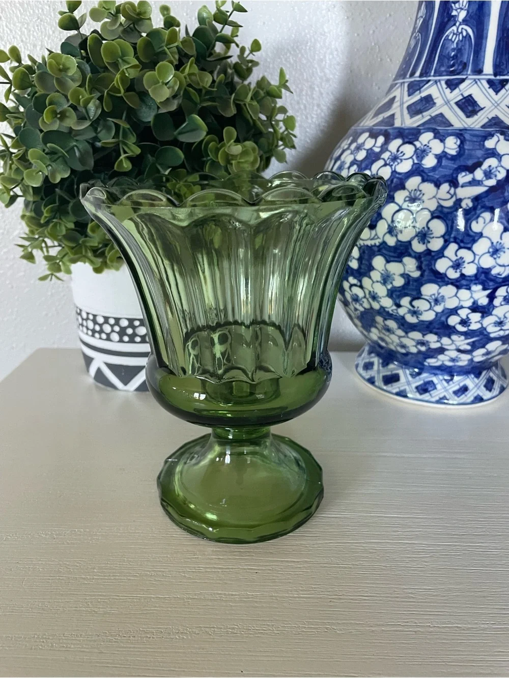 Indiana Glass Avocado Olive Green Flower Floral Bouquet bowl Round Pedestal